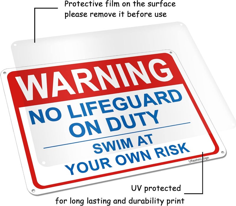Uflashmi Warning No Lifeguard On Duty Pool Sign, Swim at Your Own Risk Sign, Metal Pool Signs for Outdoor, 10X14 Inch - Image 5